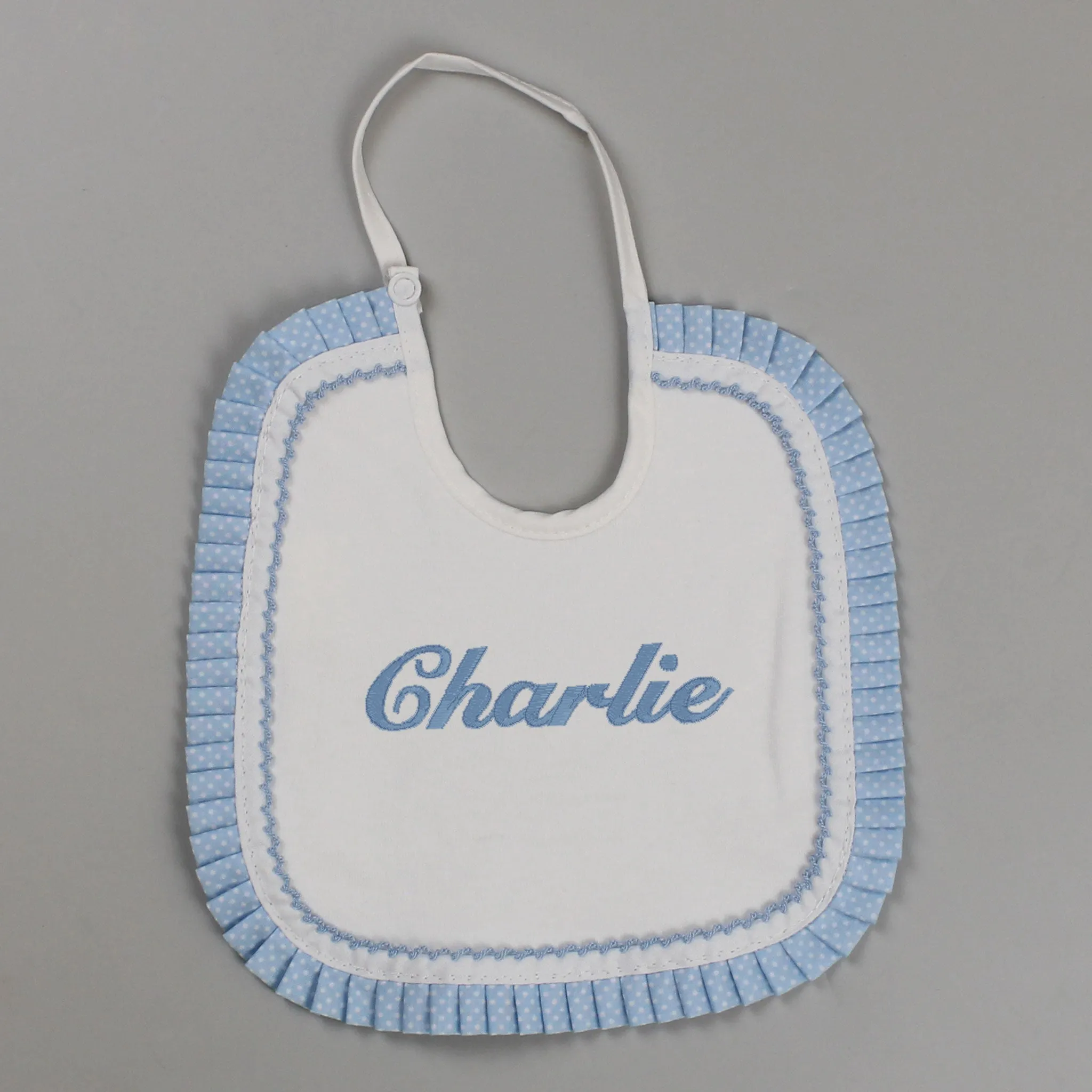 Baby Boys Personalised Bib - Pex Polka Frilled