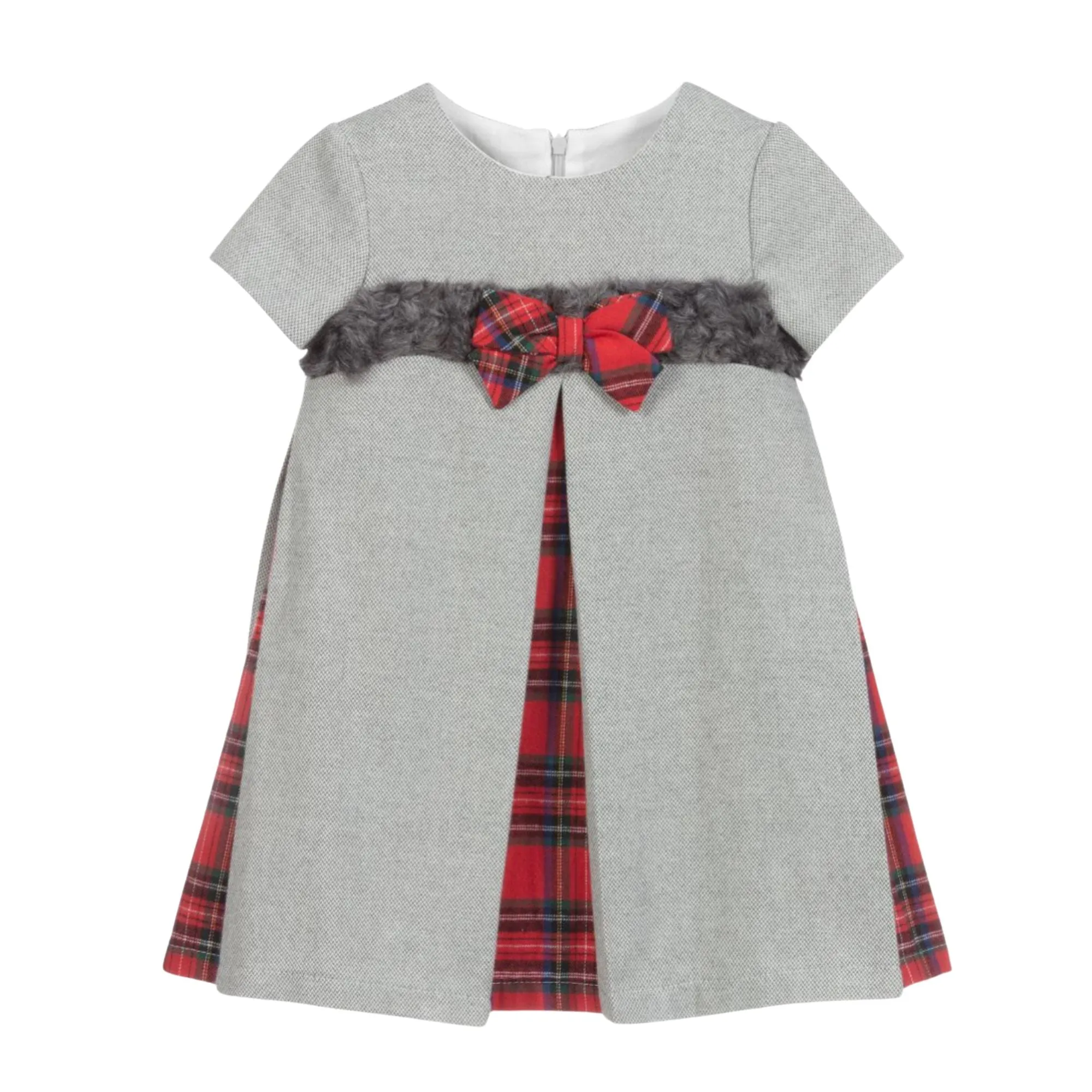 Balloon Chic Red Tartan & Grey Fur Trim Wool Dress