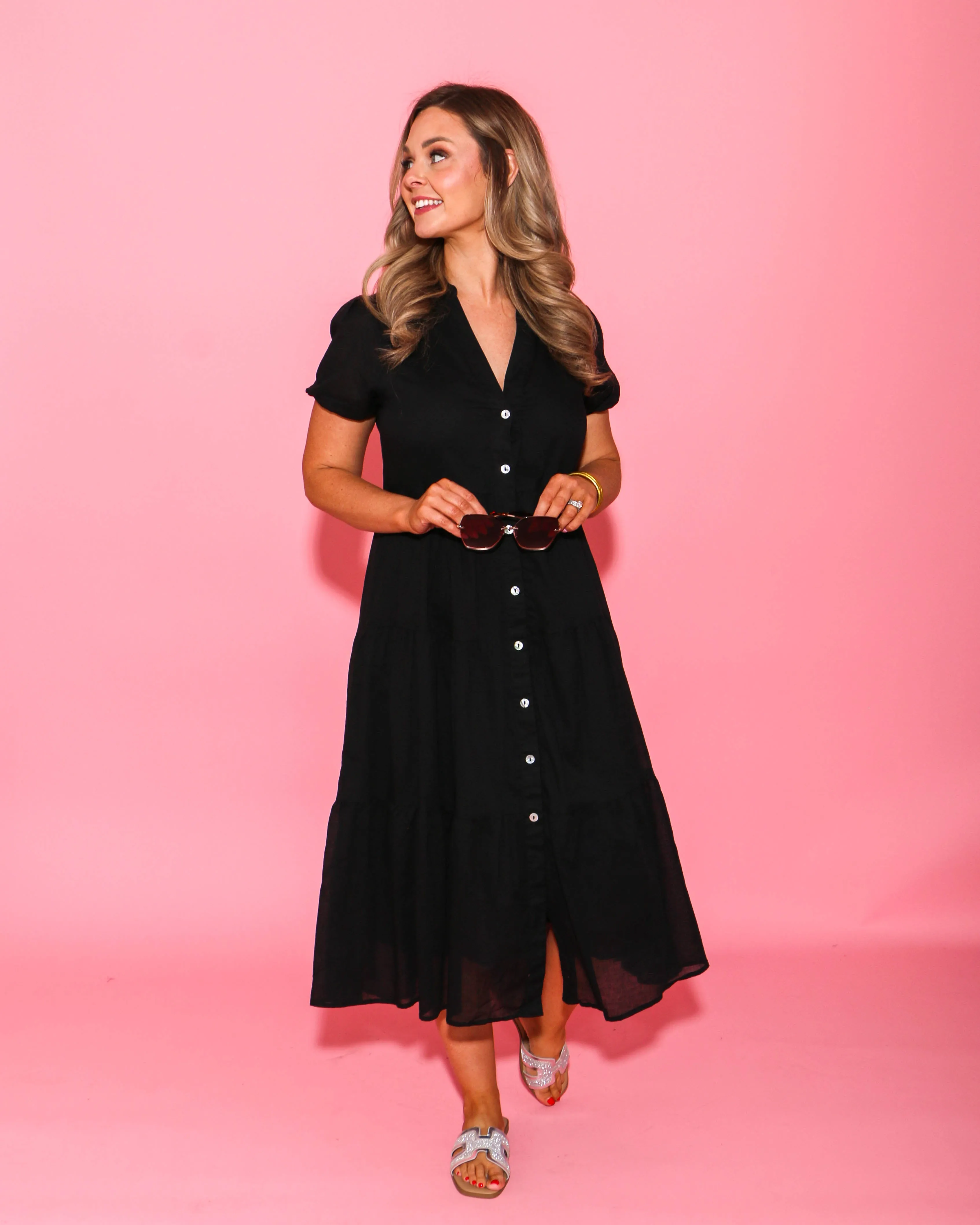 Black Bubble Sleeve Button Down Dress