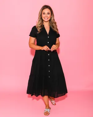Black Bubble Sleeve Button Down Dress