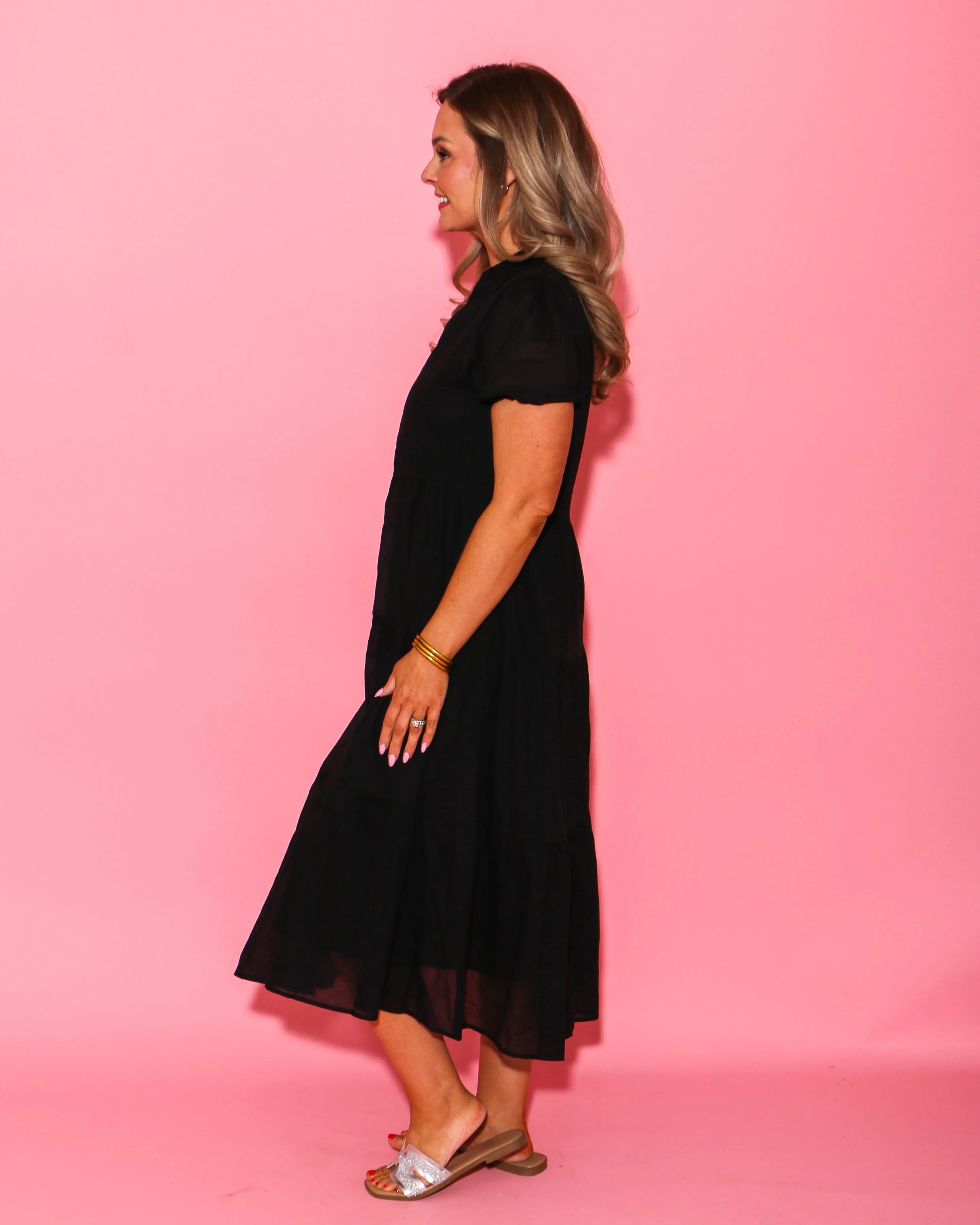 Black Bubble Sleeve Button Down Dress