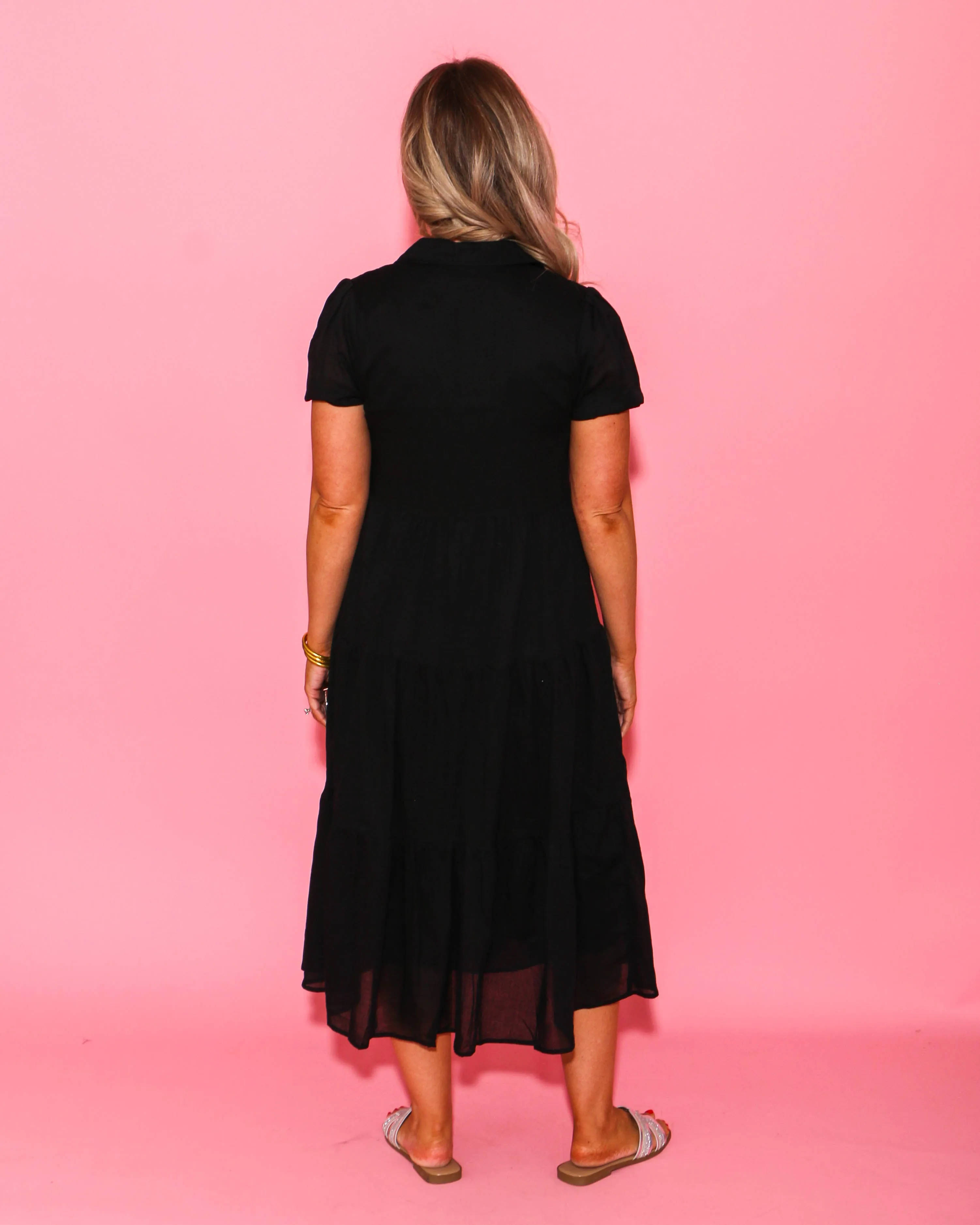 Black Bubble Sleeve Button Down Dress