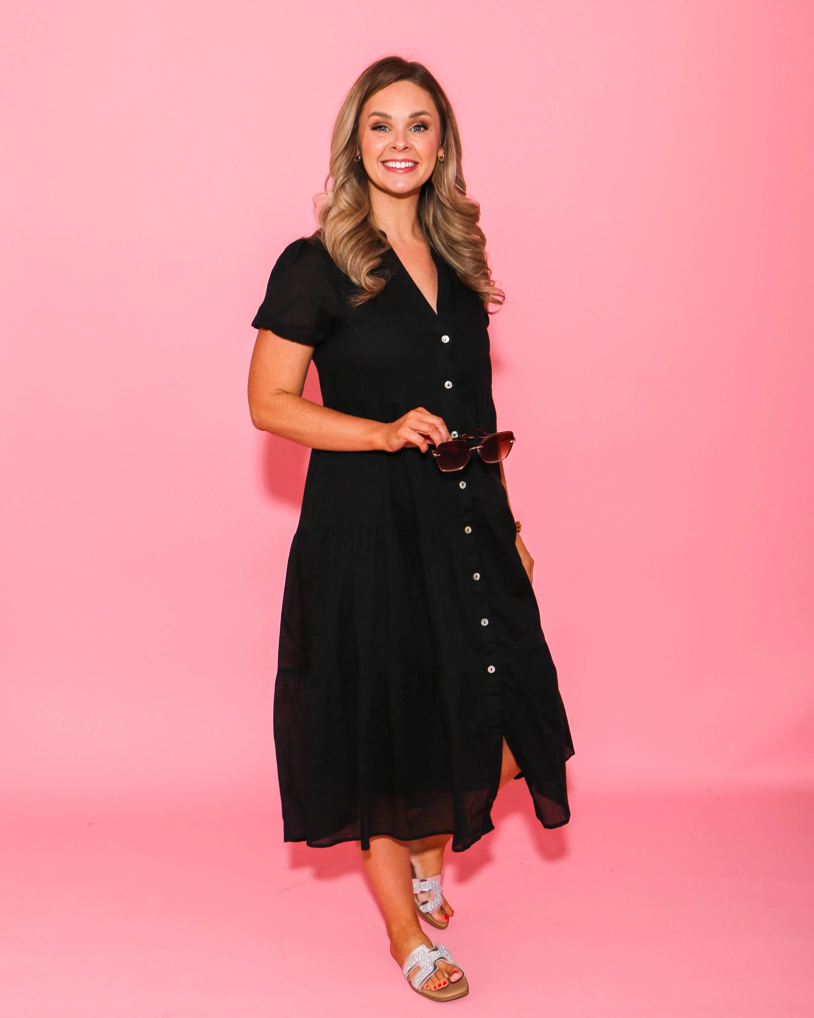 Black Bubble Sleeve Button Down Dress