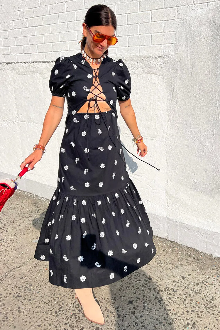 Black Embroidered Lace-up Back Dress