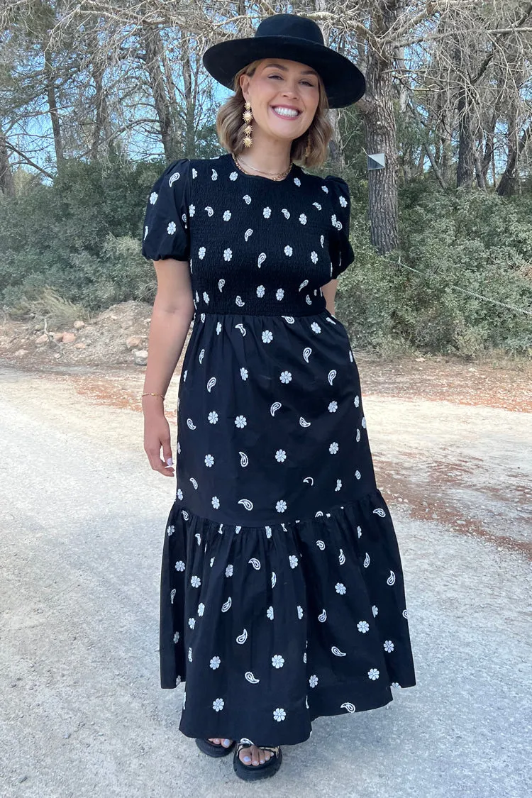 Black Embroidered Lace-up Back Dress