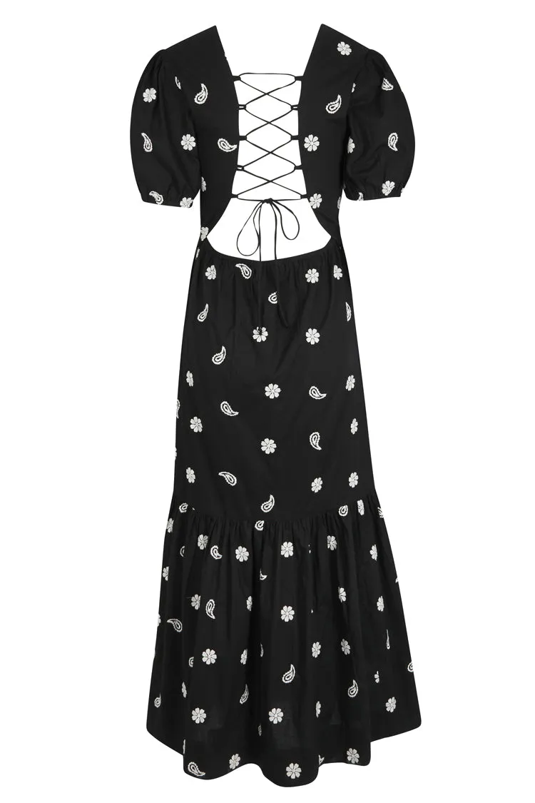 Black Embroidered Lace-up Back Dress