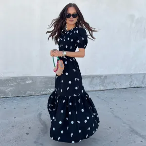 Black Embroidered Lace-up Back Dress