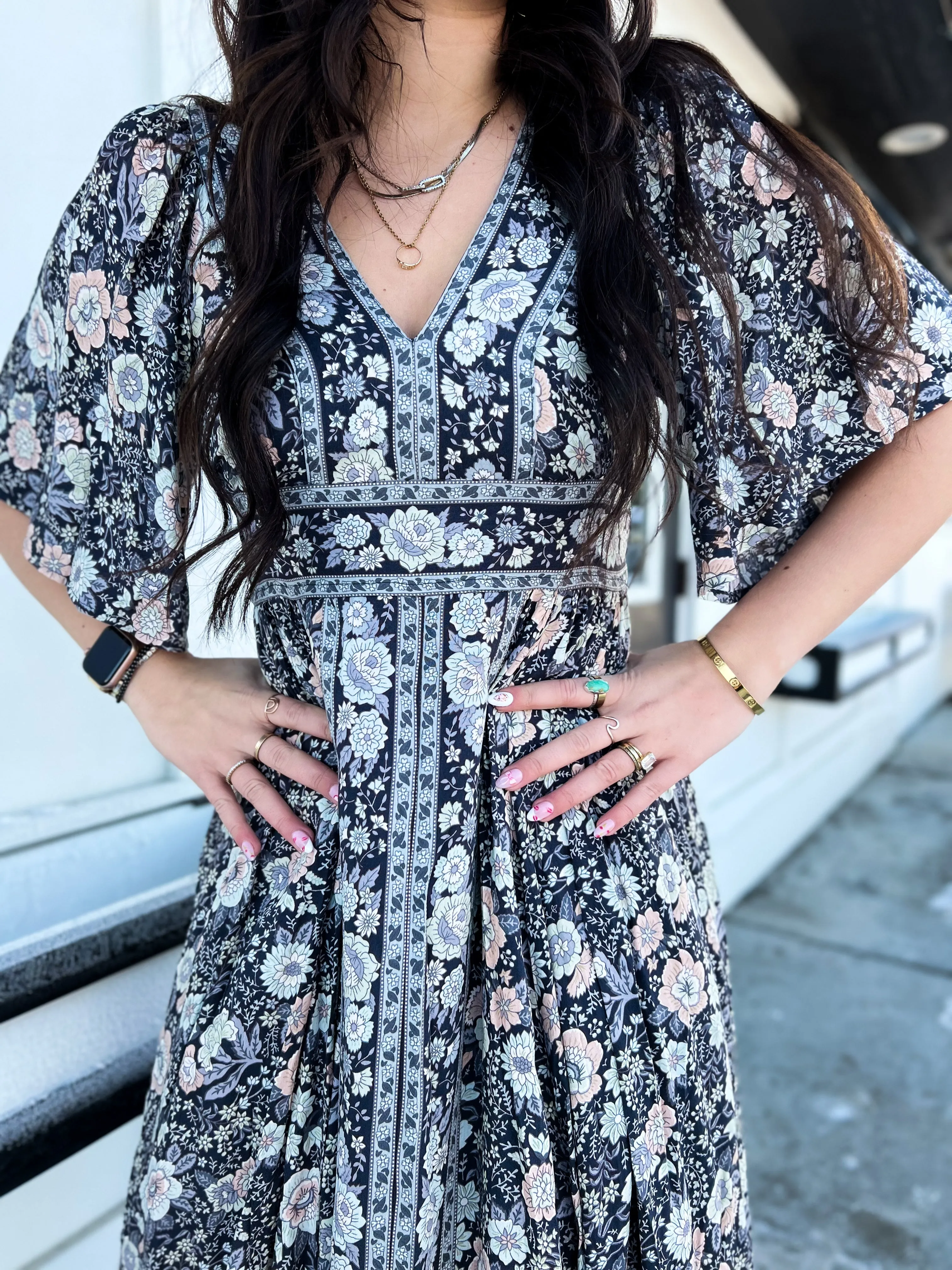 Brantley Border Print Flutter Sleeve Maxi Dress