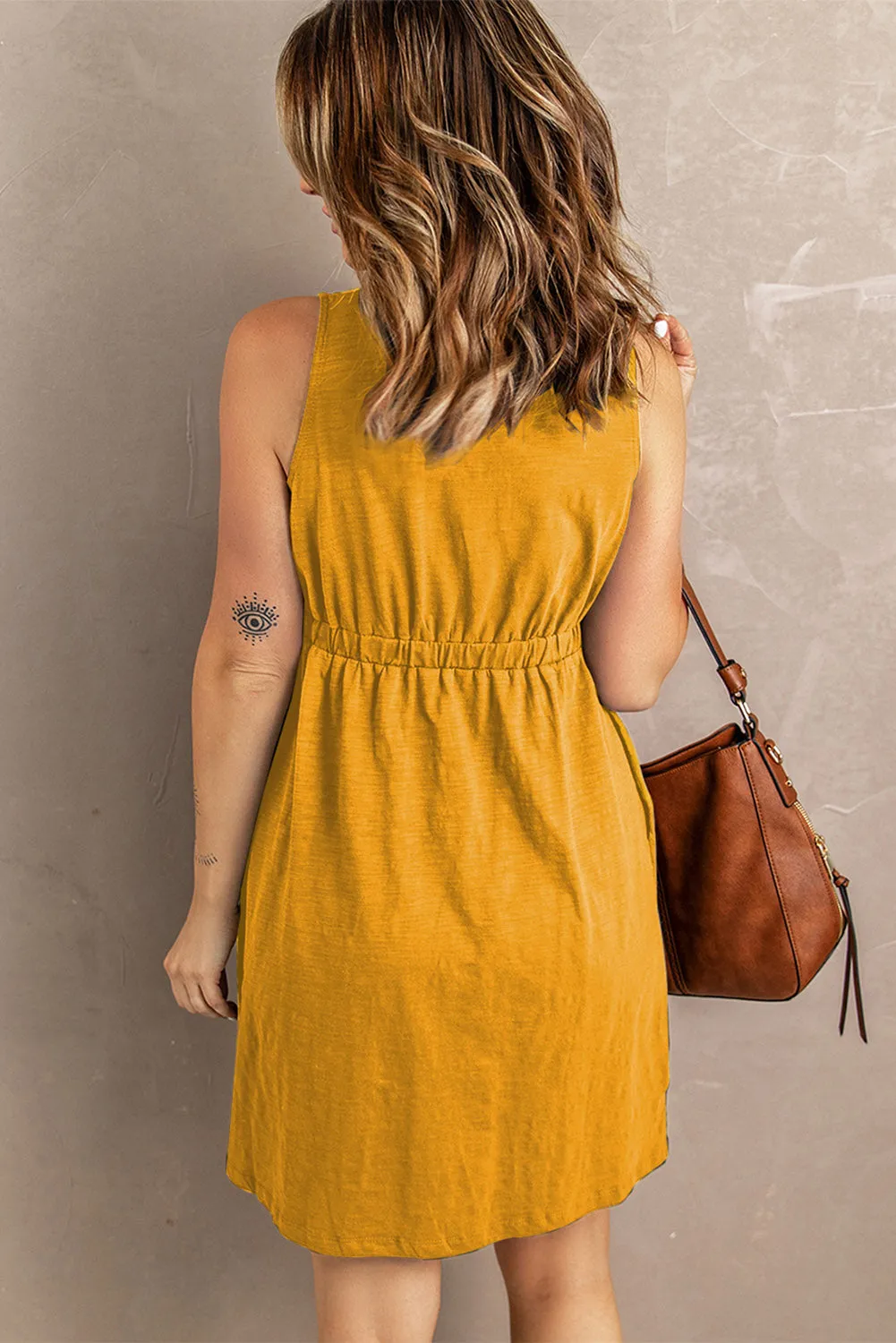 Buttons Sleeveless High Waist Mini Dress