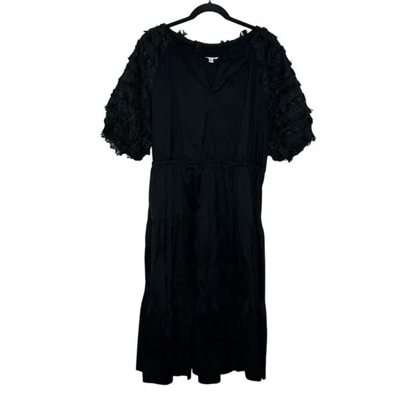 Chico's Poplin Fringe Puff Sleeve Midi Dress Size 2.5 US 14‎ Black Split Neck