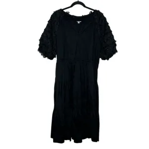 Chico's Poplin Fringe Puff Sleeve Midi Dress Size 2.5 US 14‎ Black Split Neck
