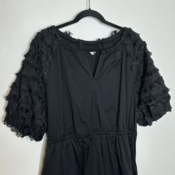 Chico's Poplin Fringe Puff Sleeve Midi Dress Size 2.5 US 14‎ Black Split Neck