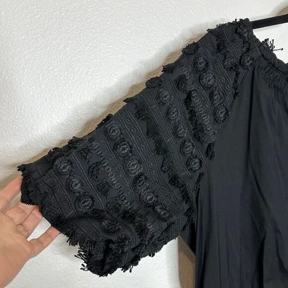 Chico's Poplin Fringe Puff Sleeve Midi Dress Size 2.5 US 14‎ Black Split Neck