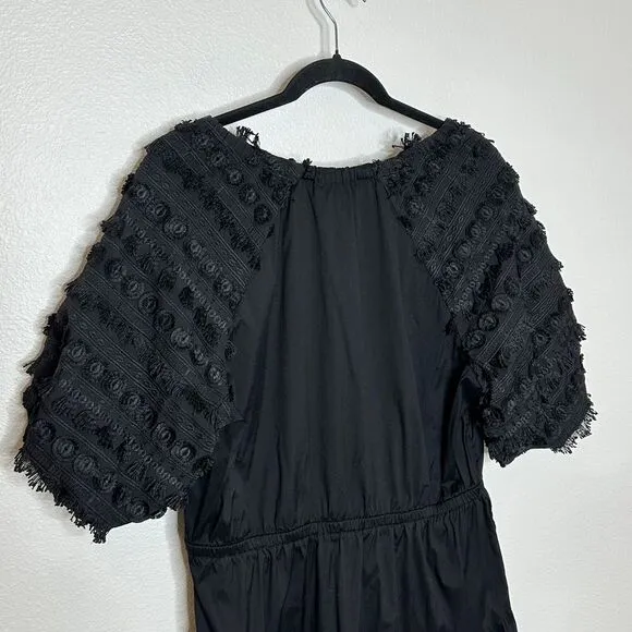 Chico's Poplin Fringe Puff Sleeve Midi Dress Size 2.5 US 14‎ Black Split Neck