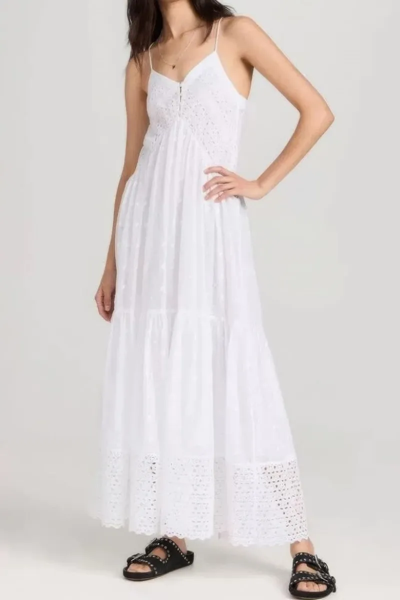 Chouyatou Women's Crochet Eyelet Embroidered Long Slip Dress Boho V Neck Solid Color Racer Back Slim Overall Dress