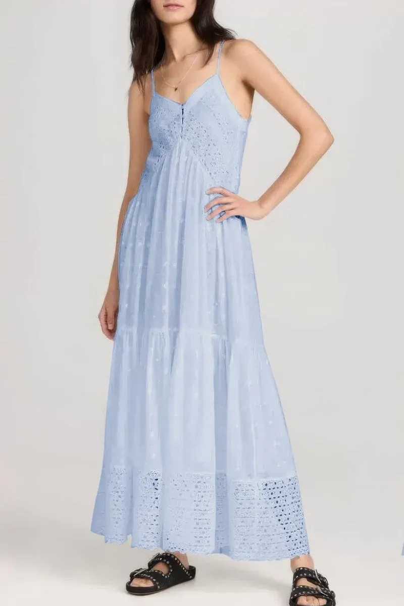 Chouyatou Women's Crochet Eyelet Embroidered Long Slip Dress Boho V Neck Solid Color Racer Back Slim Overall Dress