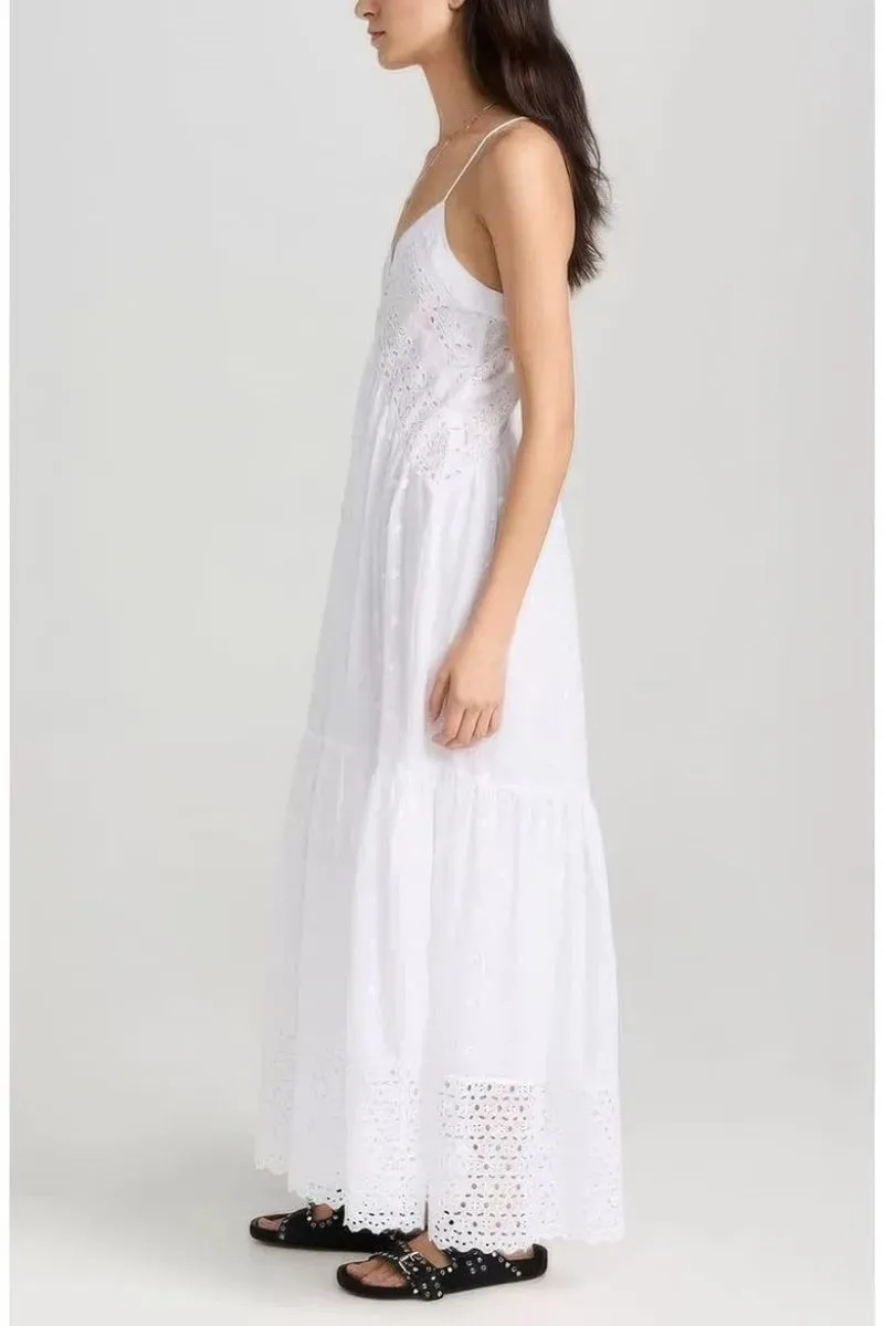 Chouyatou Women's Crochet Eyelet Embroidered Long Slip Dress Boho V Neck Solid Color Racer Back Slim Overall Dress