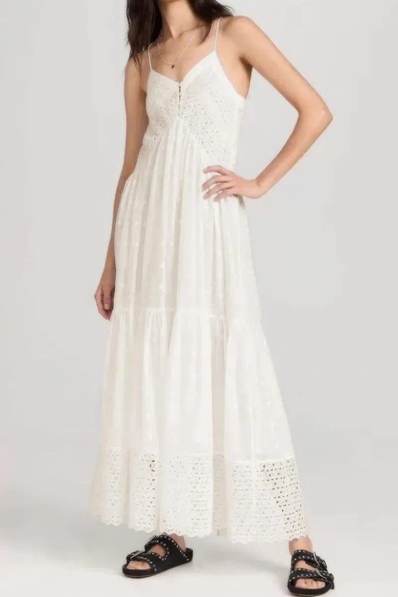 Chouyatou Women's Crochet Eyelet Embroidered Long Slip Dress Boho V Neck Solid Color Racer Back Slim Overall Dress
