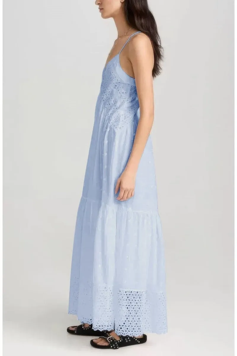 Chouyatou Women's Crochet Eyelet Embroidered Long Slip Dress Boho V Neck Solid Color Racer Back Slim Overall Dress