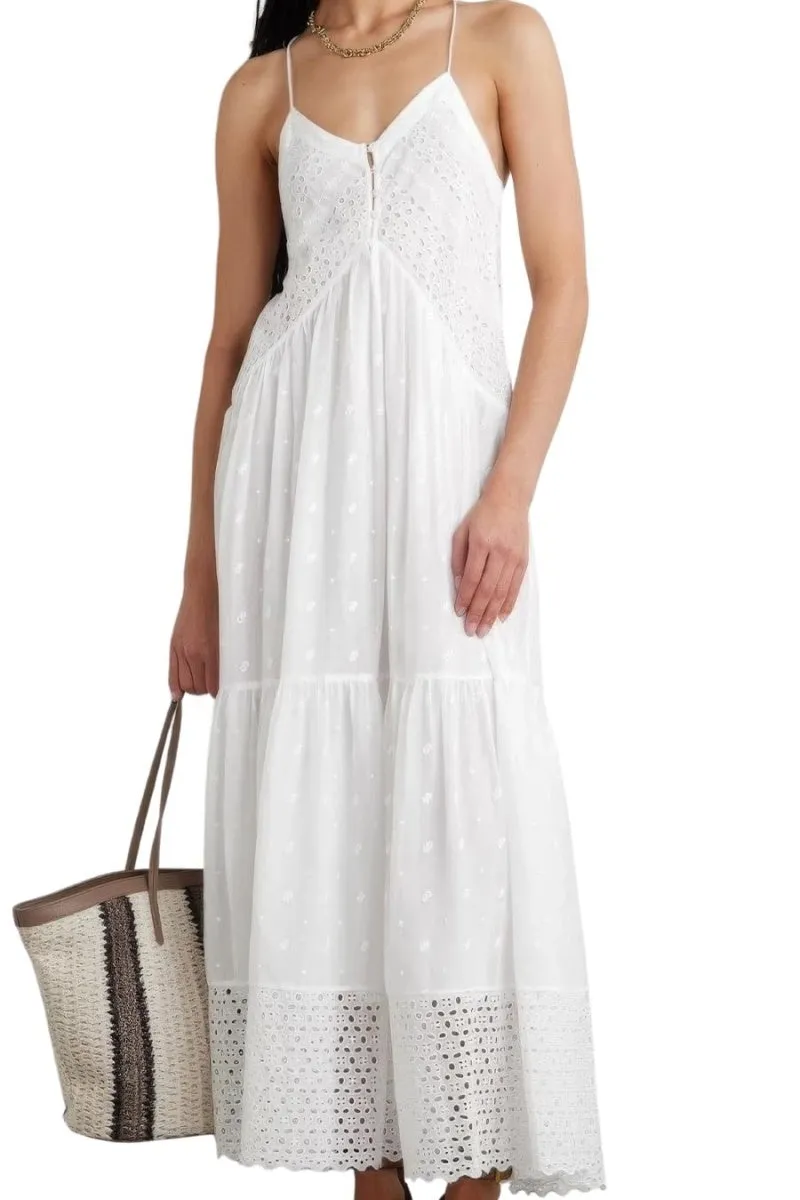 Chouyatou Women's Crochet Eyelet Embroidered Long Slip Dress Boho V Neck Solid Color Racer Back Slim Overall Dress
