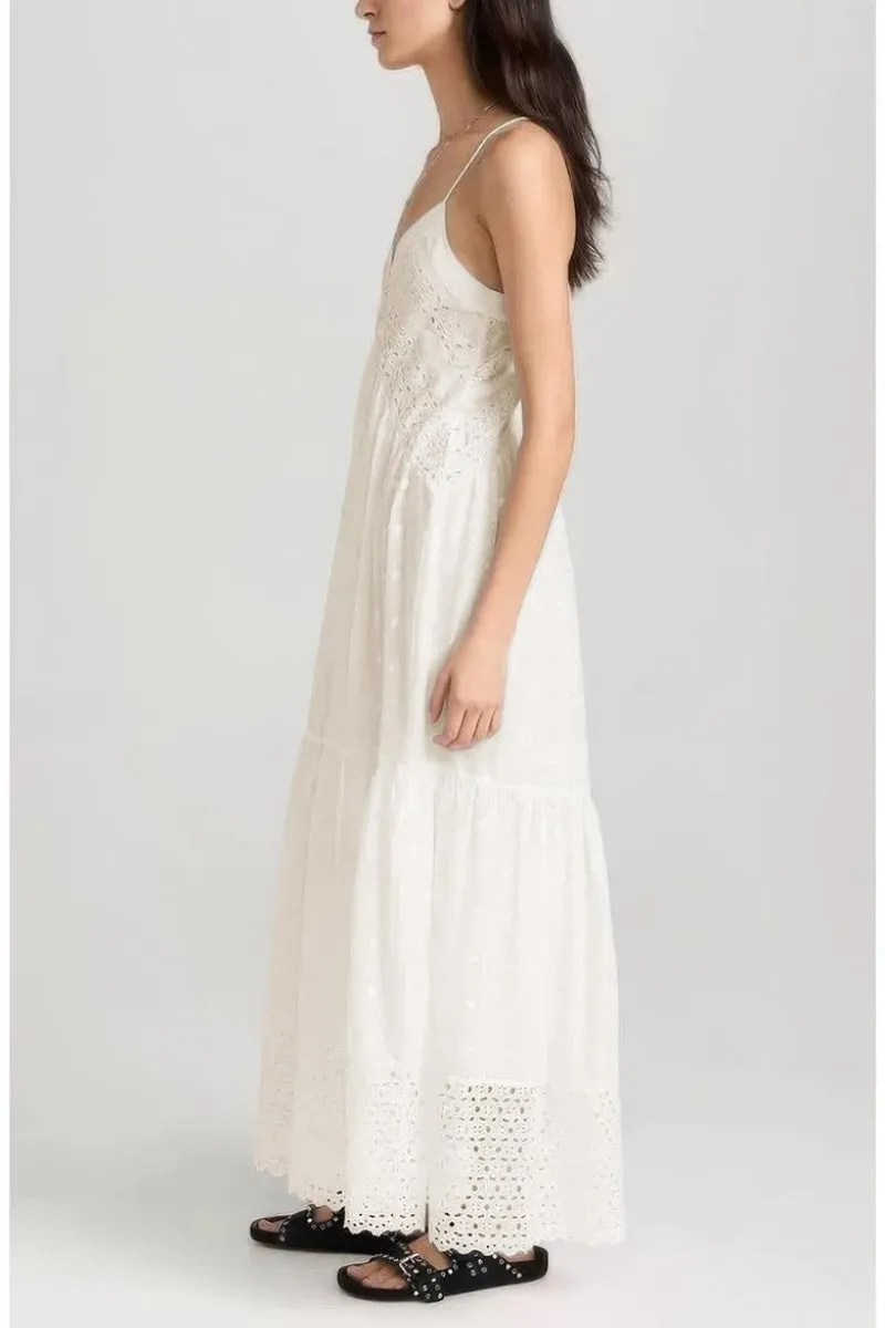 Chouyatou Women's Crochet Eyelet Embroidered Long Slip Dress Boho V Neck Solid Color Racer Back Slim Overall Dress
