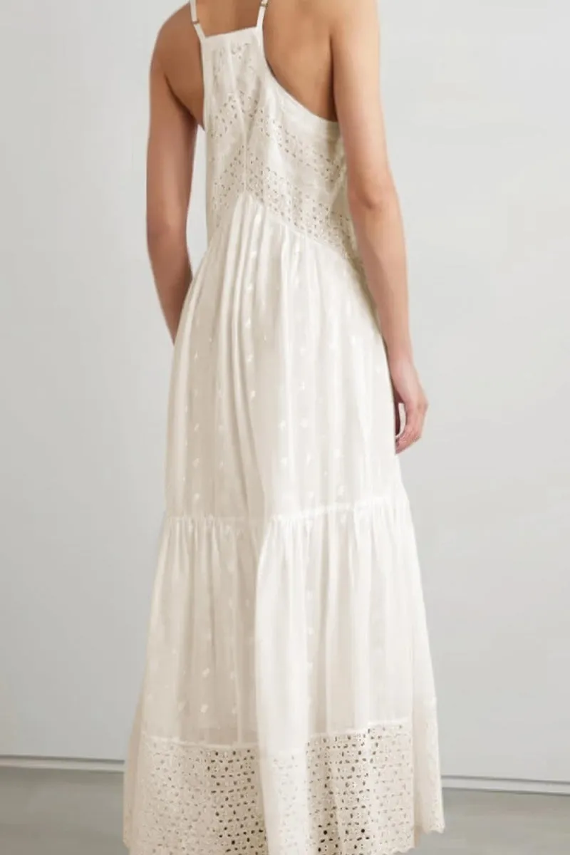 Chouyatou Women's Crochet Eyelet Embroidered Long Slip Dress Boho V Neck Solid Color Racer Back Slim Overall Dress