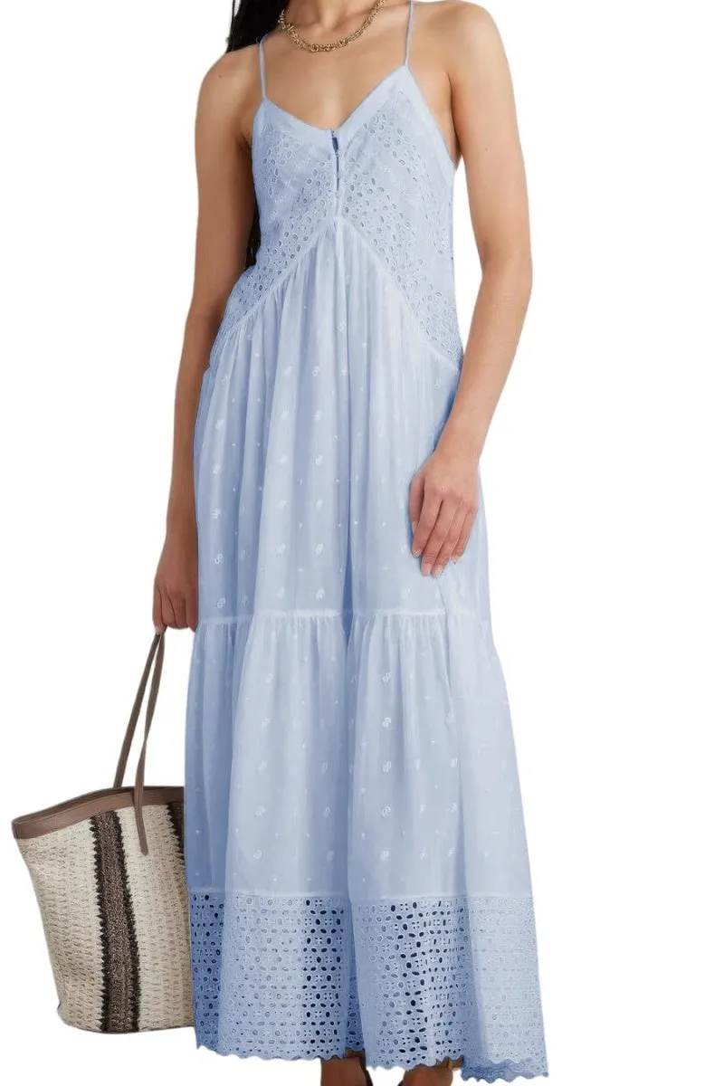 Chouyatou Women's Crochet Eyelet Embroidered Long Slip Dress Boho V Neck Solid Color Racer Back Slim Overall Dress