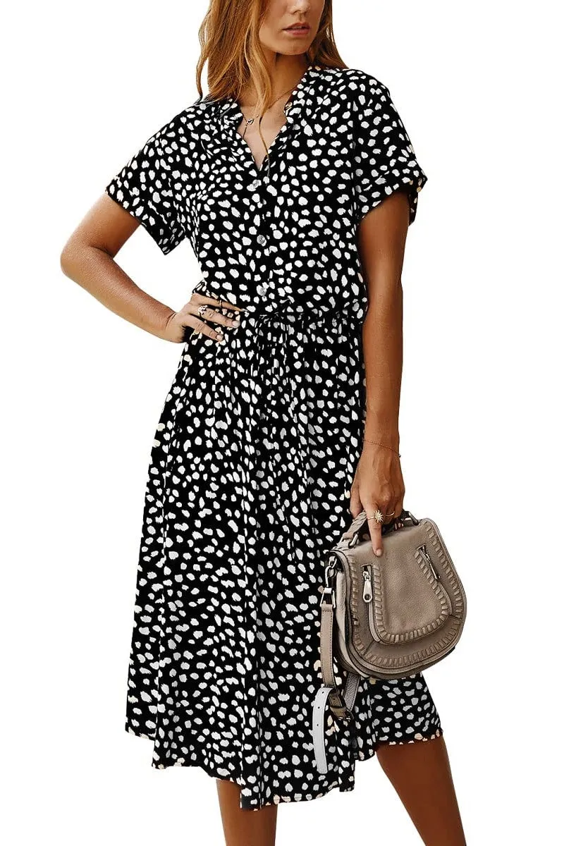 Chouyatou Women's Summer Boho Polka Dot Print Ruffle High Waist Swing Midi Dress