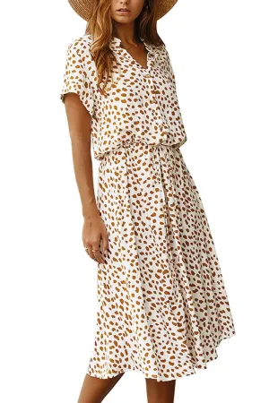 Chouyatou Women's Summer Boho Polka Dot Print Ruffle High Waist Swing Midi Dress