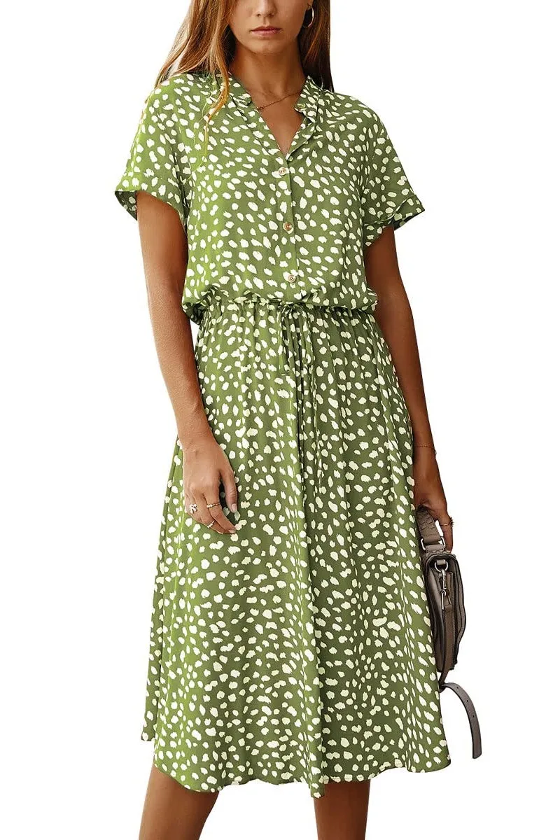 Chouyatou Women's Summer Boho Polka Dot Print Ruffle High Waist Swing Midi Dress