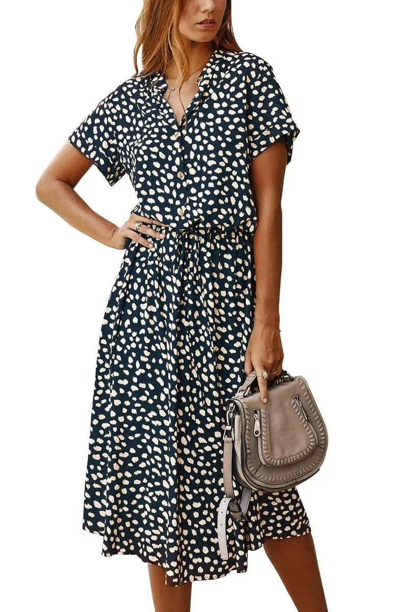 Chouyatou Women's Summer Boho Polka Dot Print Ruffle High Waist Swing Midi Dress