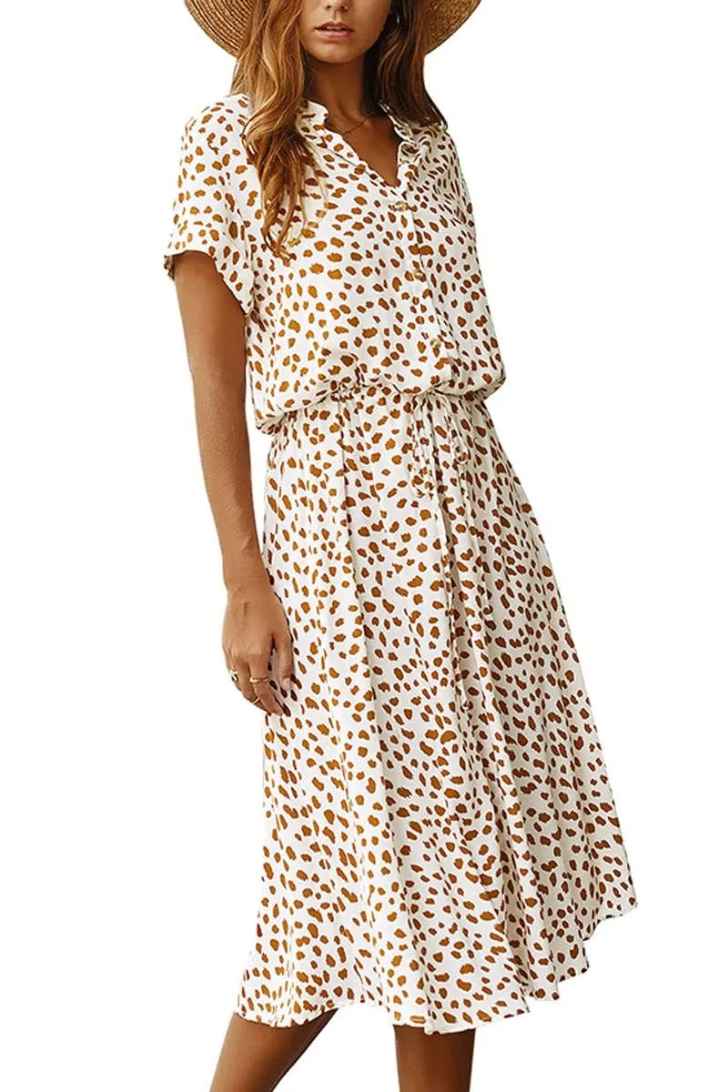 Chouyatou Women's Summer Boho Polka Dot Print Ruffle High Waist Swing Midi Dress
