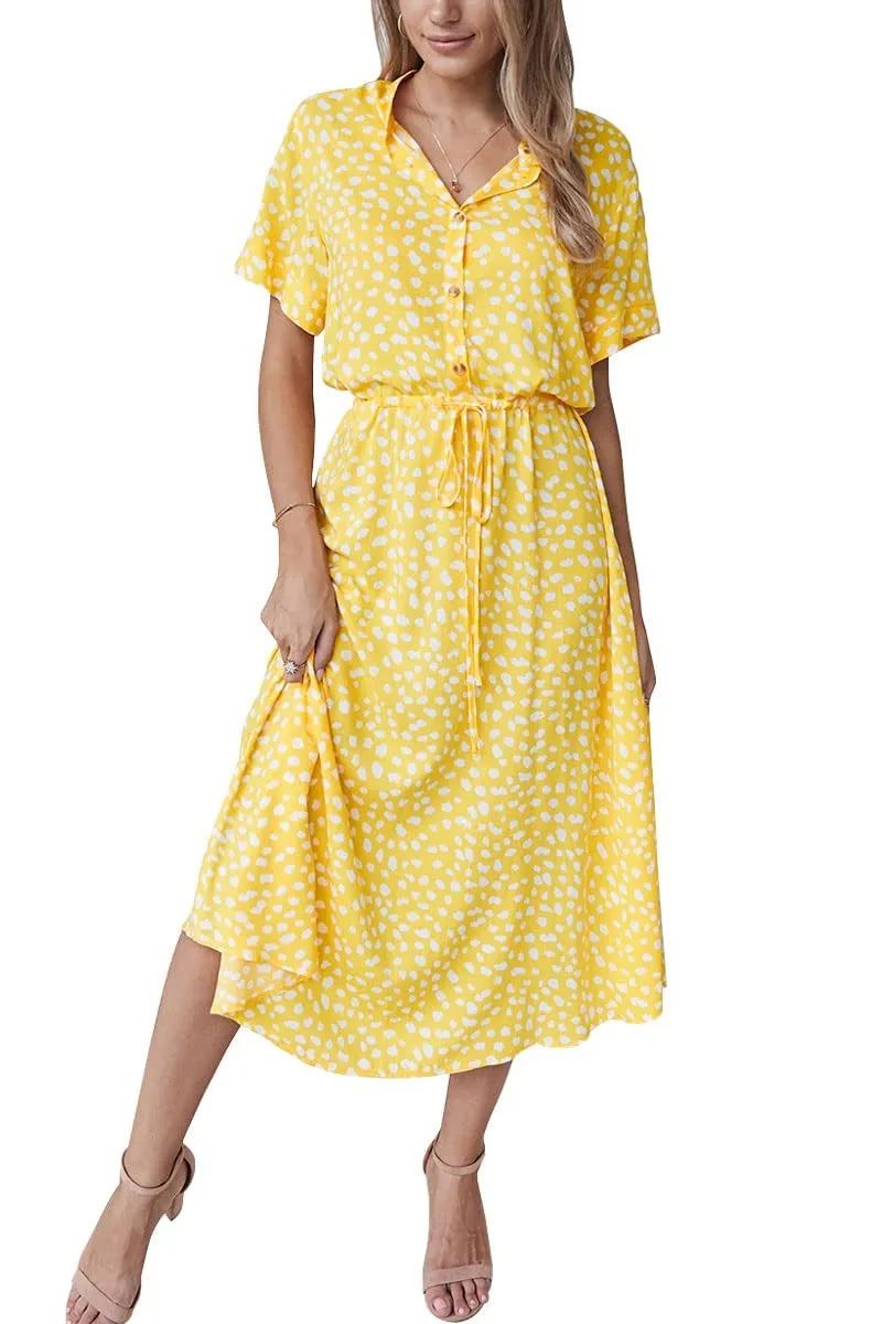 Chouyatou Women's Summer Boho Polka Dot Print Ruffle High Waist Swing Midi Dress
