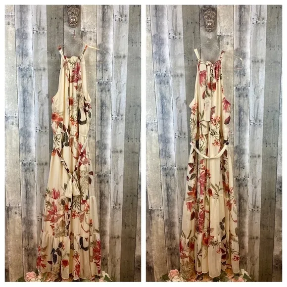 City Chic Cream Halter Maxi Dress in Cream Floral Size 16.