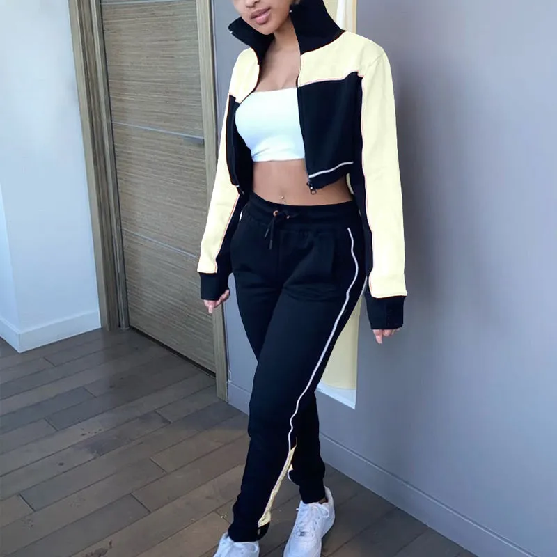 Colorblock Turtleneck Crop Top & Sporty Pants Set
