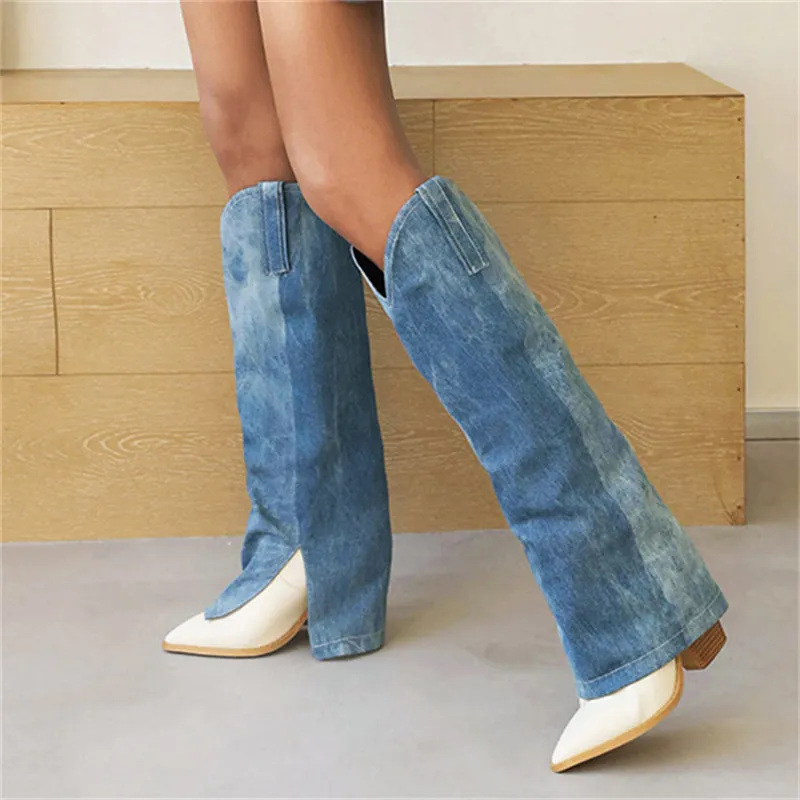 Denim Stitching Women's Pointed Toe Boots