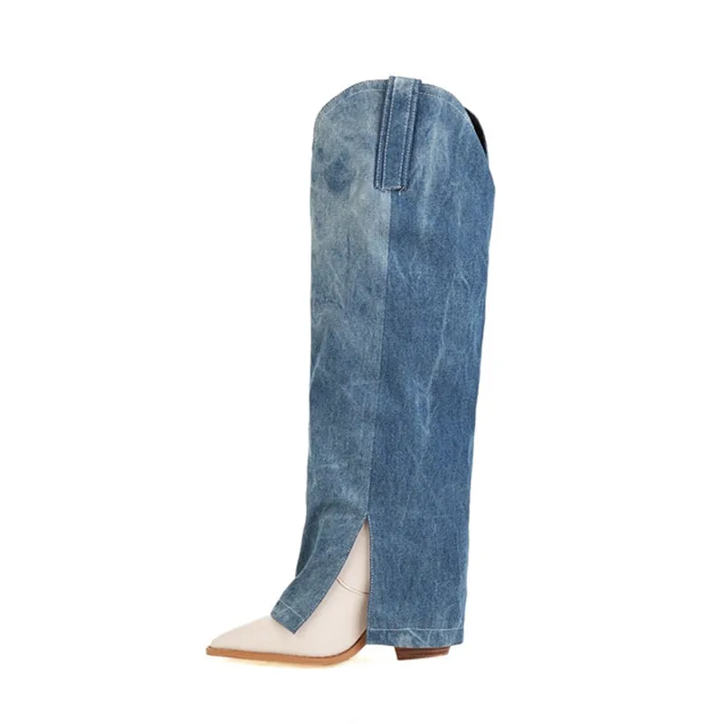 Denim Stitching Women's Pointed Toe Boots