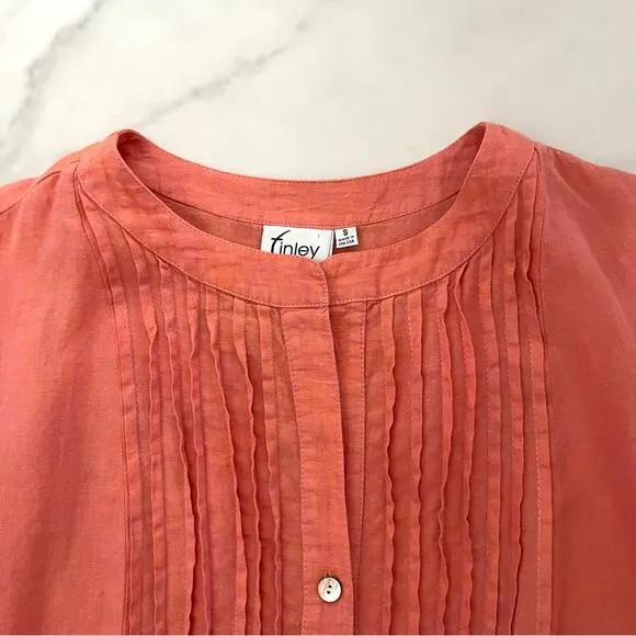Finley Linen Mini Dress coastal boho festival Pleated V-Neck coral Sz Small
