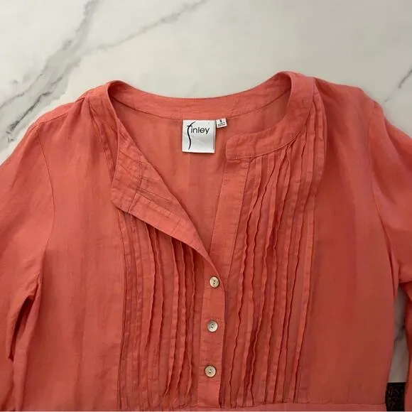 Finley Linen Mini Dress coastal boho festival Pleated V-Neck coral Sz Small