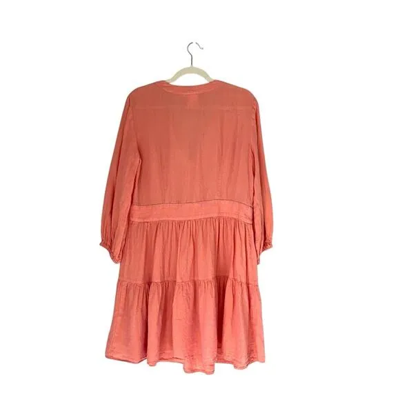Finley Linen Mini Dress coastal boho festival Pleated V-Neck coral Sz Small