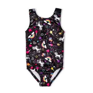 Girl Power Black Velvet Unicorn Gymnastics Leotard - Girls