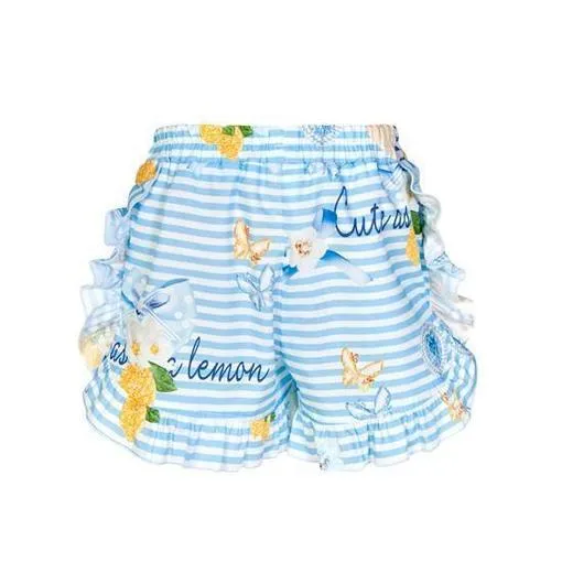 Girls Blue Frill Stripe Shorts