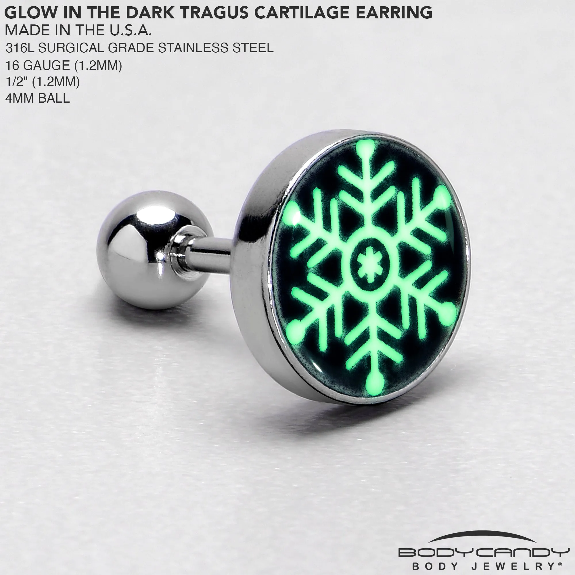 Glow in the Dark Holiday Snowflake Tragus Cartilage Earring