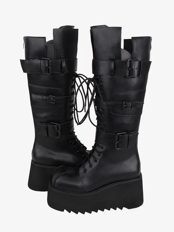 Gothic Lolita Boots Black Grommets Metallic Round Toe PU Leather Lolita Footwear