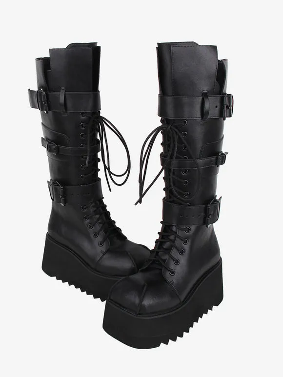 Gothic Lolita Boots Black Grommets Metallic Round Toe PU Leather Lolita Footwear