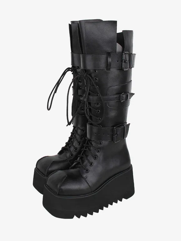 Gothic Lolita Boots Black Grommets Metallic Round Toe PU Leather Lolita Footwear