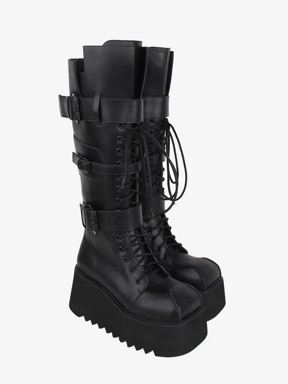 Gothic Lolita Boots Black Grommets Metallic Round Toe PU Leather Lolita Footwear
