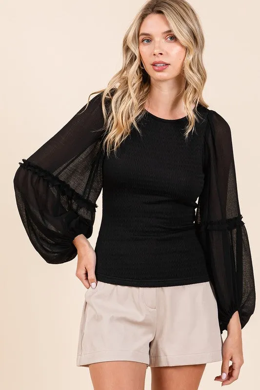 Hazel Blues® |  Mittoshop Mixed Media Textured Knit Chiffon Long Sleeve Top
