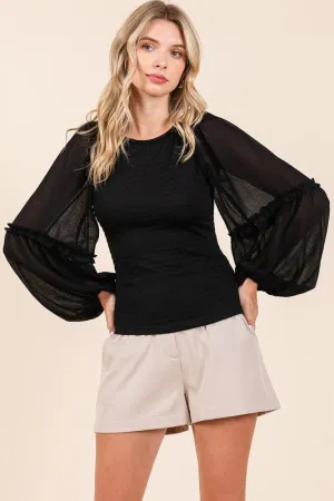 Hazel Blues® |  Mittoshop Mixed Media Textured Knit Chiffon Long Sleeve Top