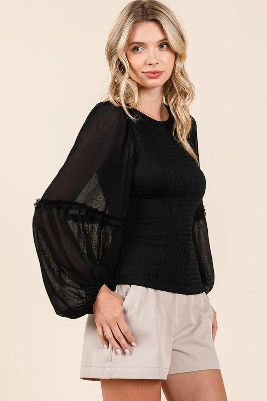 Hazel Blues® |  Mittoshop Mixed Media Textured Knit Chiffon Long Sleeve Top